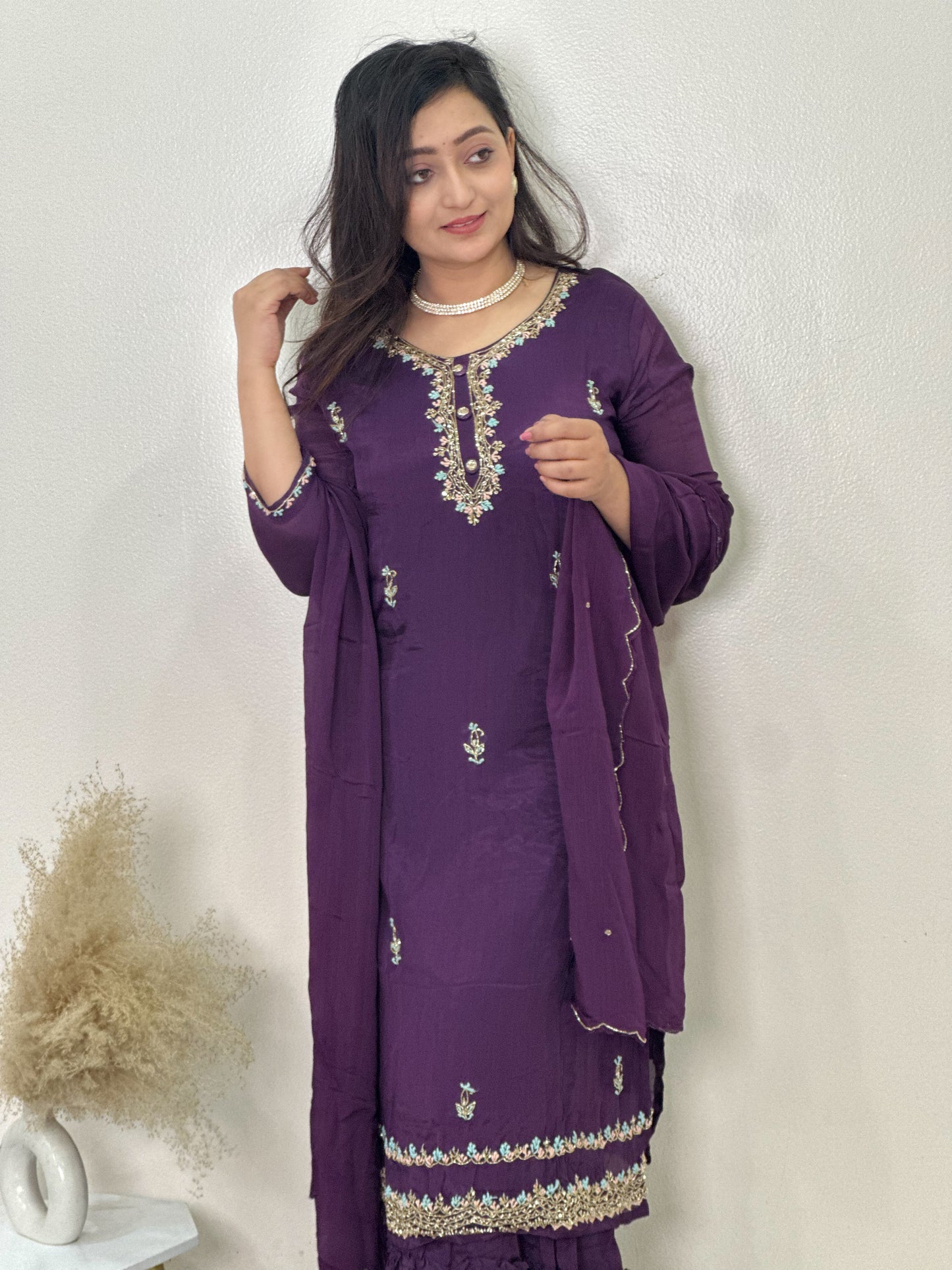 Embroidered Chinon Sharara Set