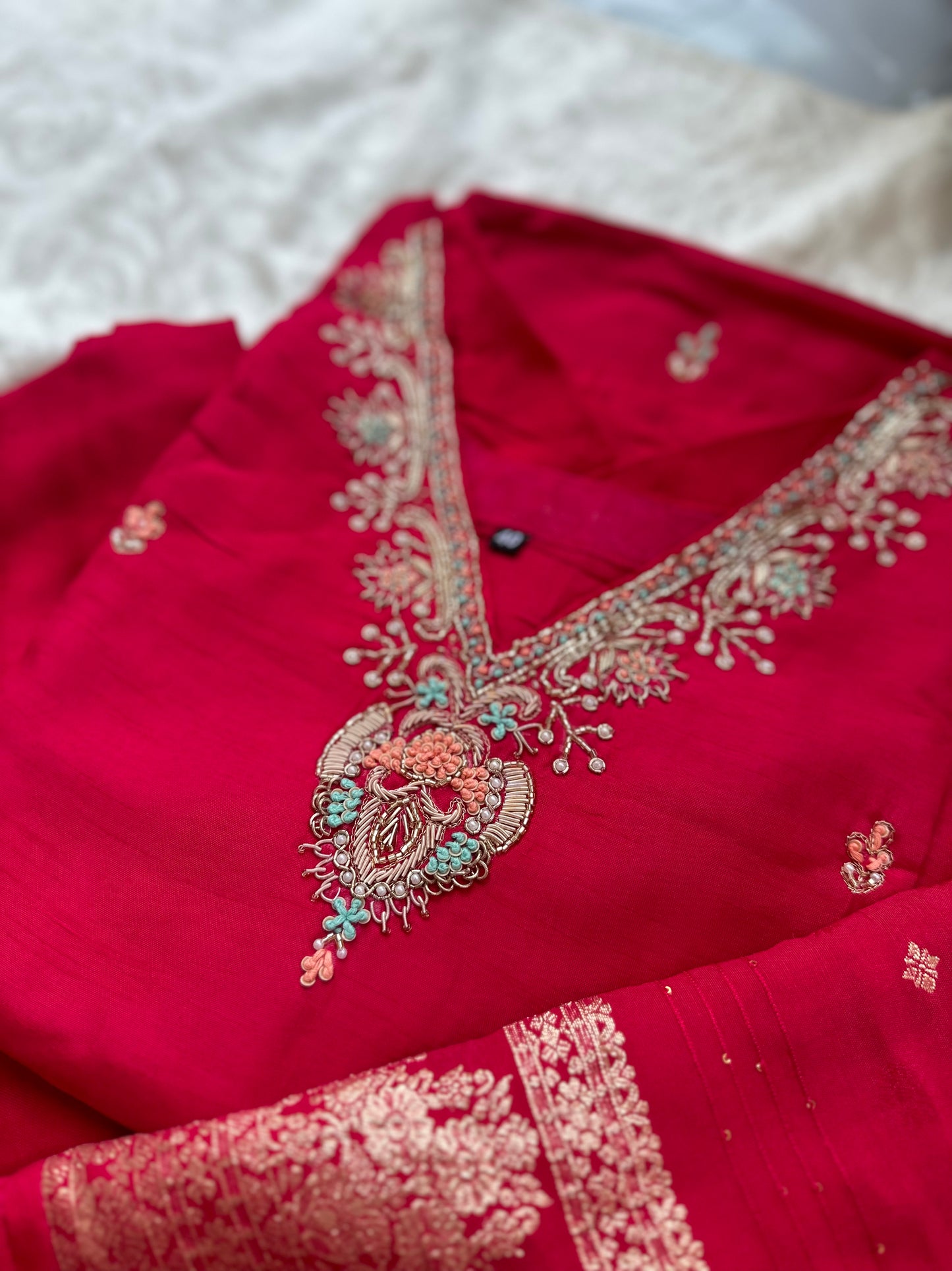 Silk Hand Embroidered Dress with banarasi dupatta