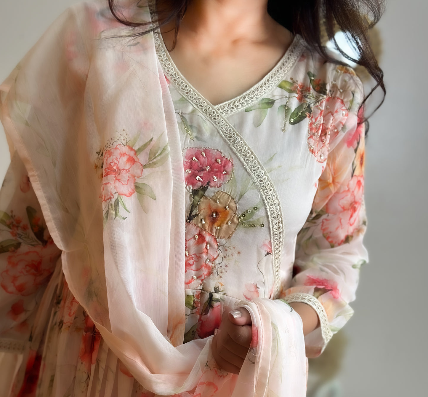 floral mulmul anarkali with a contemporary side slit