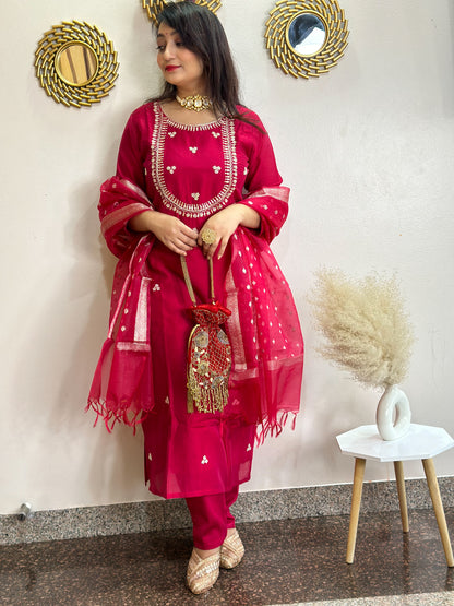 Festive Red Embroidered Silk Set