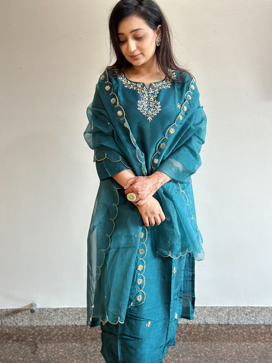 Peacock Green Embroidered Silk Set