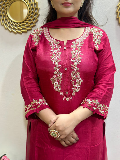 Handwork red embroidered kurti set