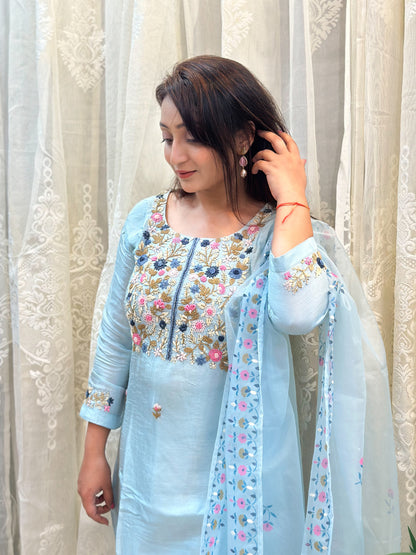 Ribbon Embroidered Kurta Set With Hand Painted Dupatta