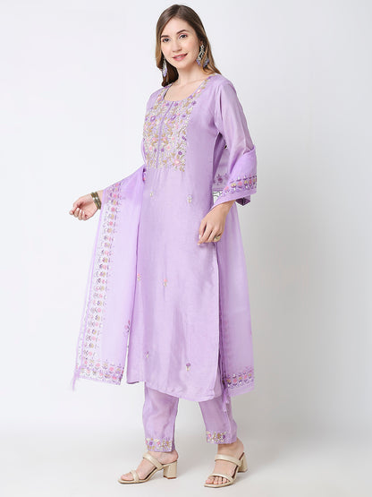 Ribbon Embroidered Kurts Set With Hand Painted Dupatta