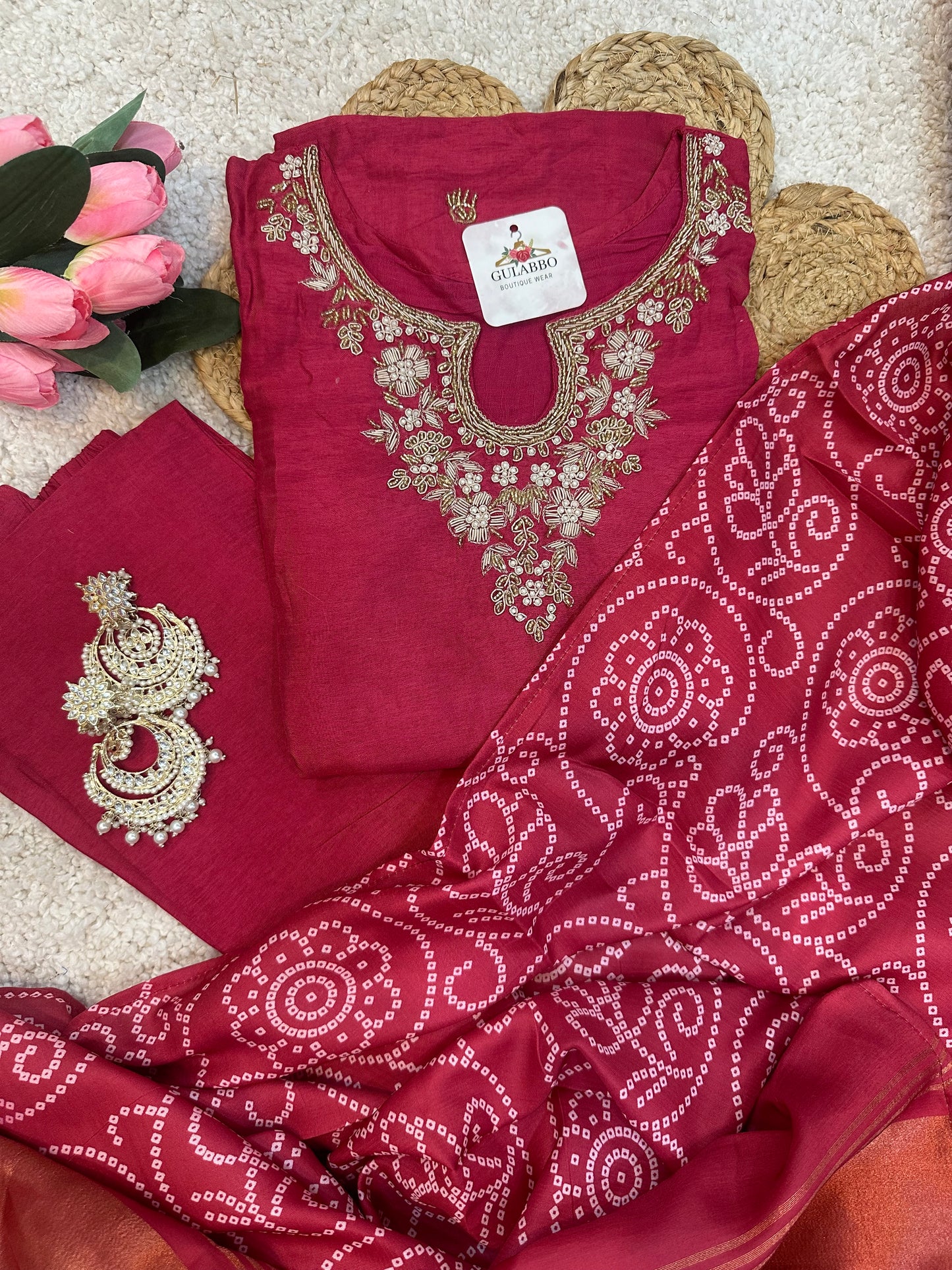 Dola Silk Embroidered Kurta Set with Bandhani Dupatta