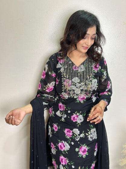 Embroidered Black Muslin Kurti With Pink Flowers