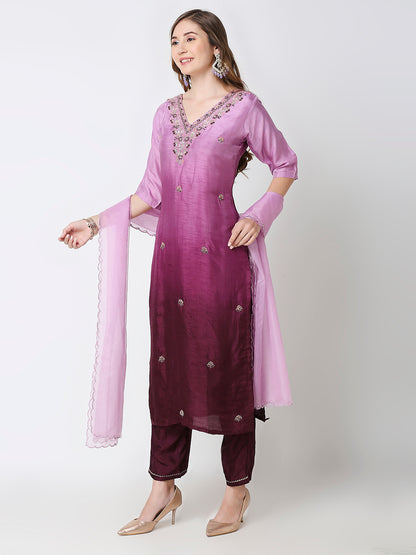 Ombré Pure Dola Silk Embroidered Kurta Set