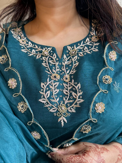 Peacock Green Embroidered Silk Set