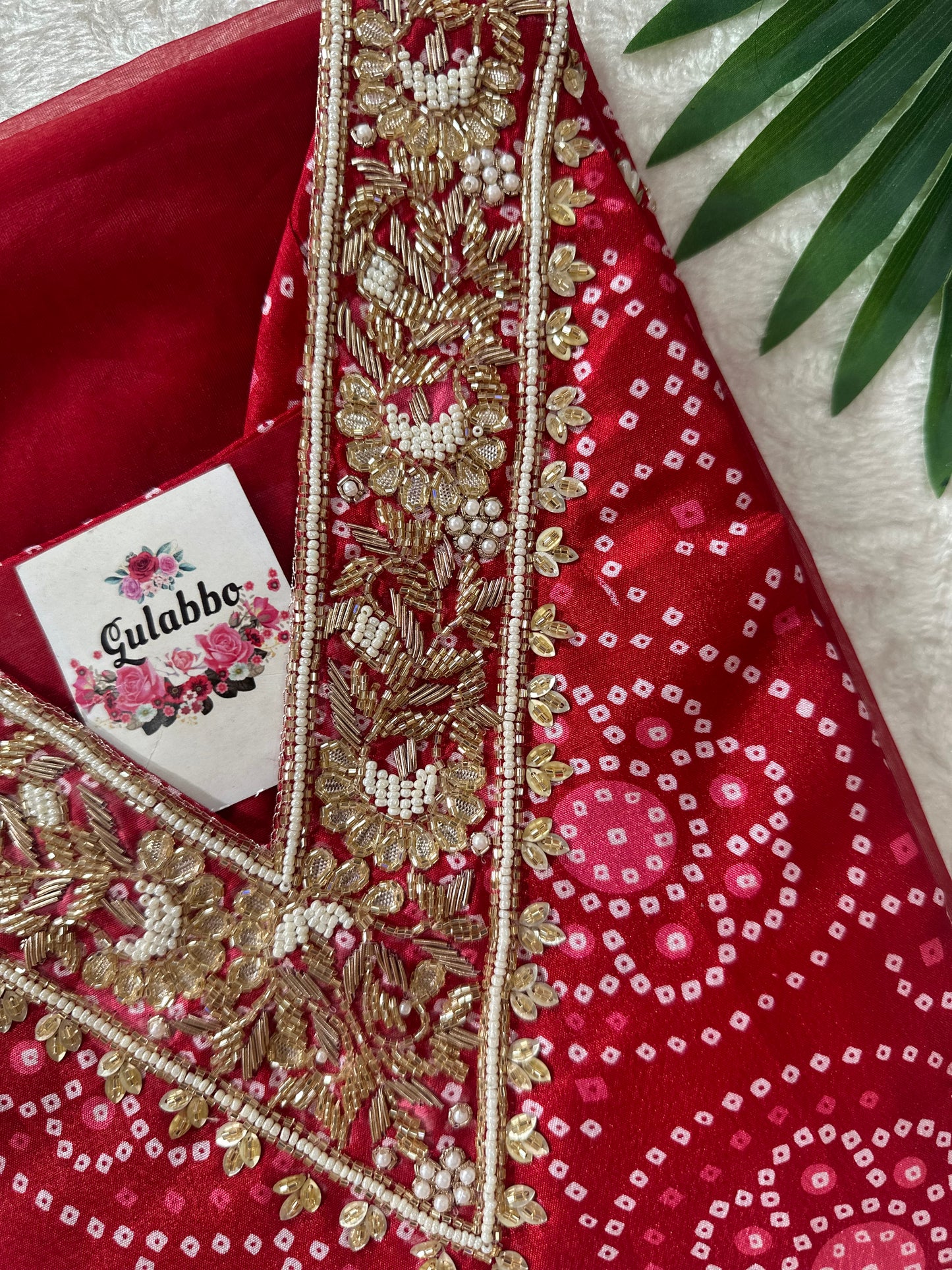 Red Embroidered Dola Silk Bandhej Kurti