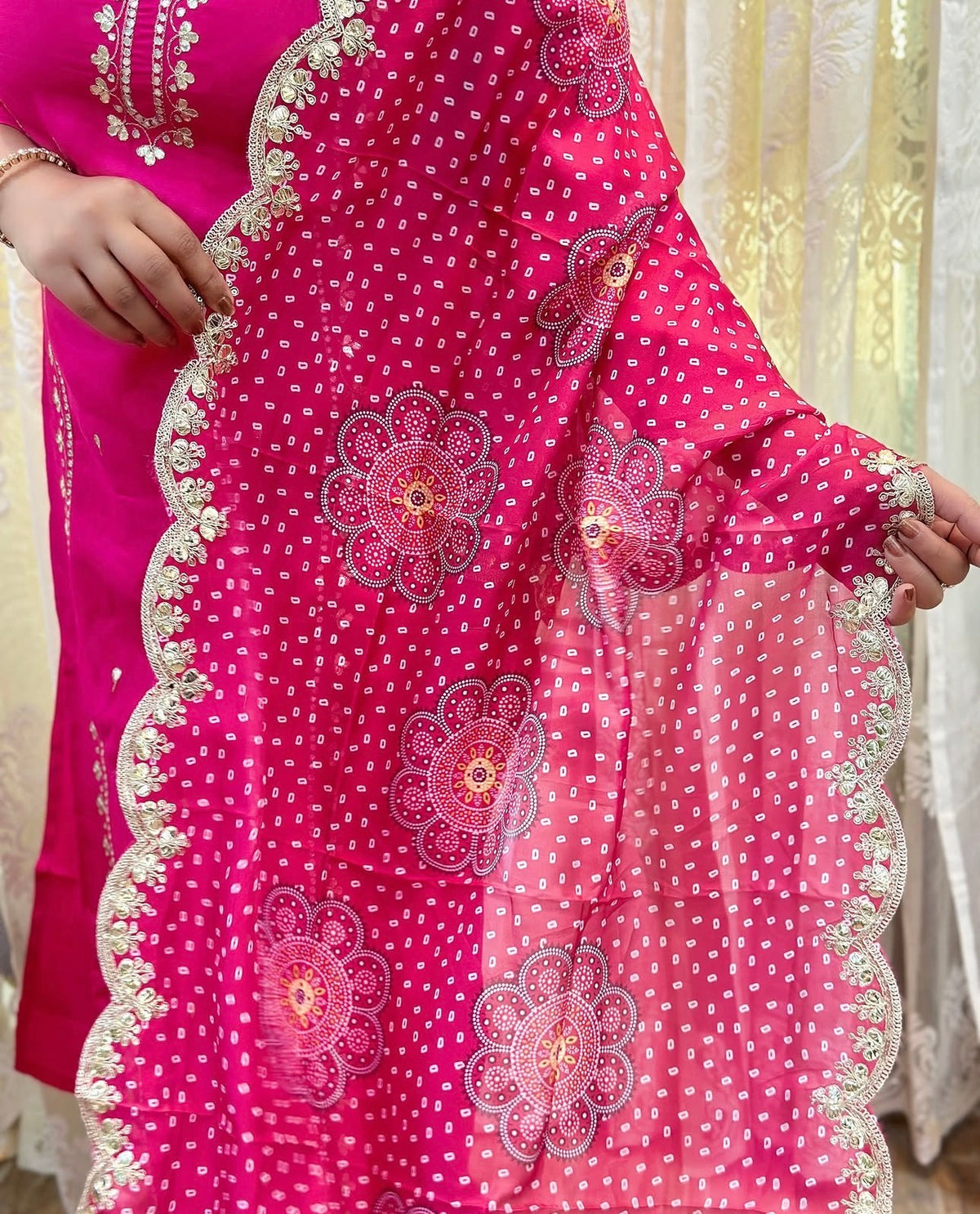 Gota Patti embroidered kurta set in vibrant pink with scalloped Dupatta 