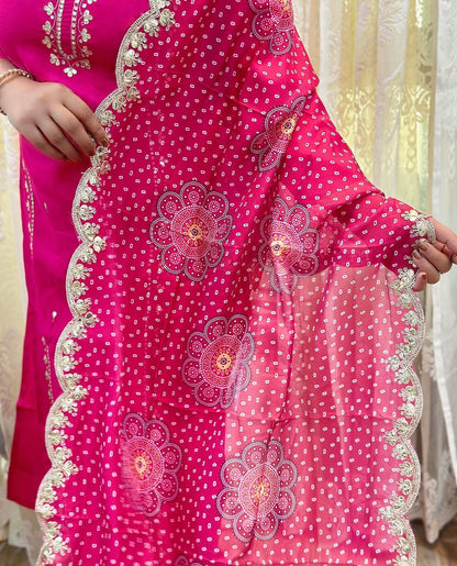 Gota Patti embroidered kurta set in vibrant pink with scalloped Dupatta 