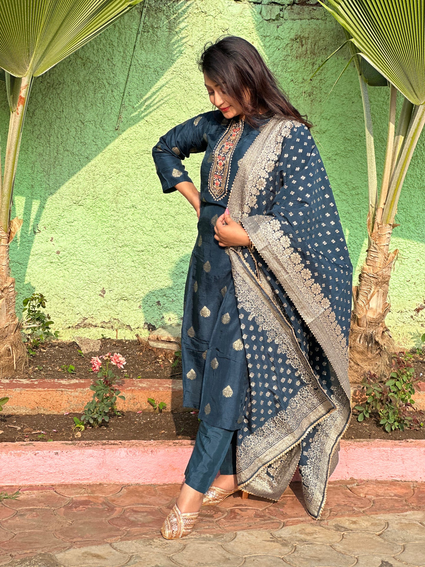 Silk Hand Embroidered Dress with banarasi dupatta