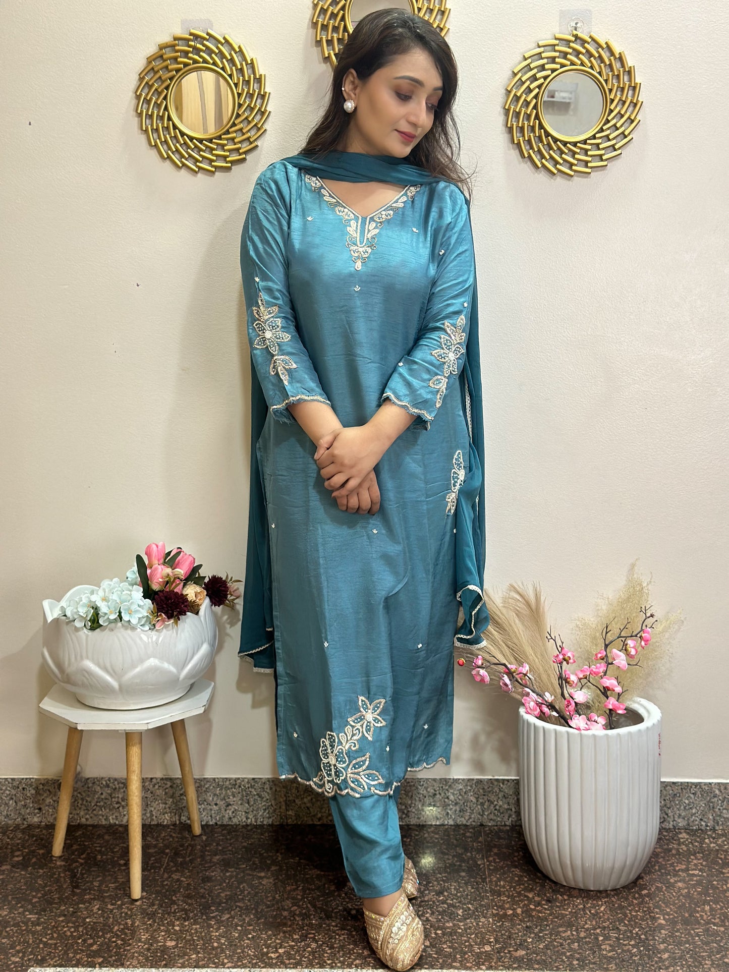 Teal Elegant Moti & Sequin Embroidered Kurta Set