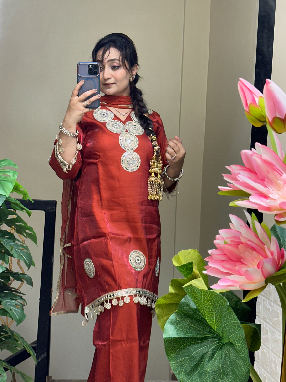 Real Mirror Work Rust Colour Kurta Set
