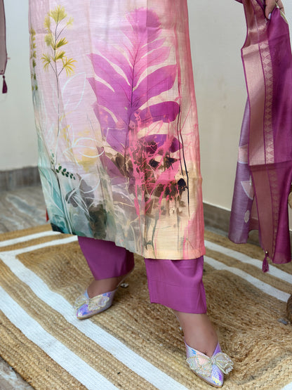 Elegant Printed Embroidered Kurta Set With Printed Dupatta & Pants