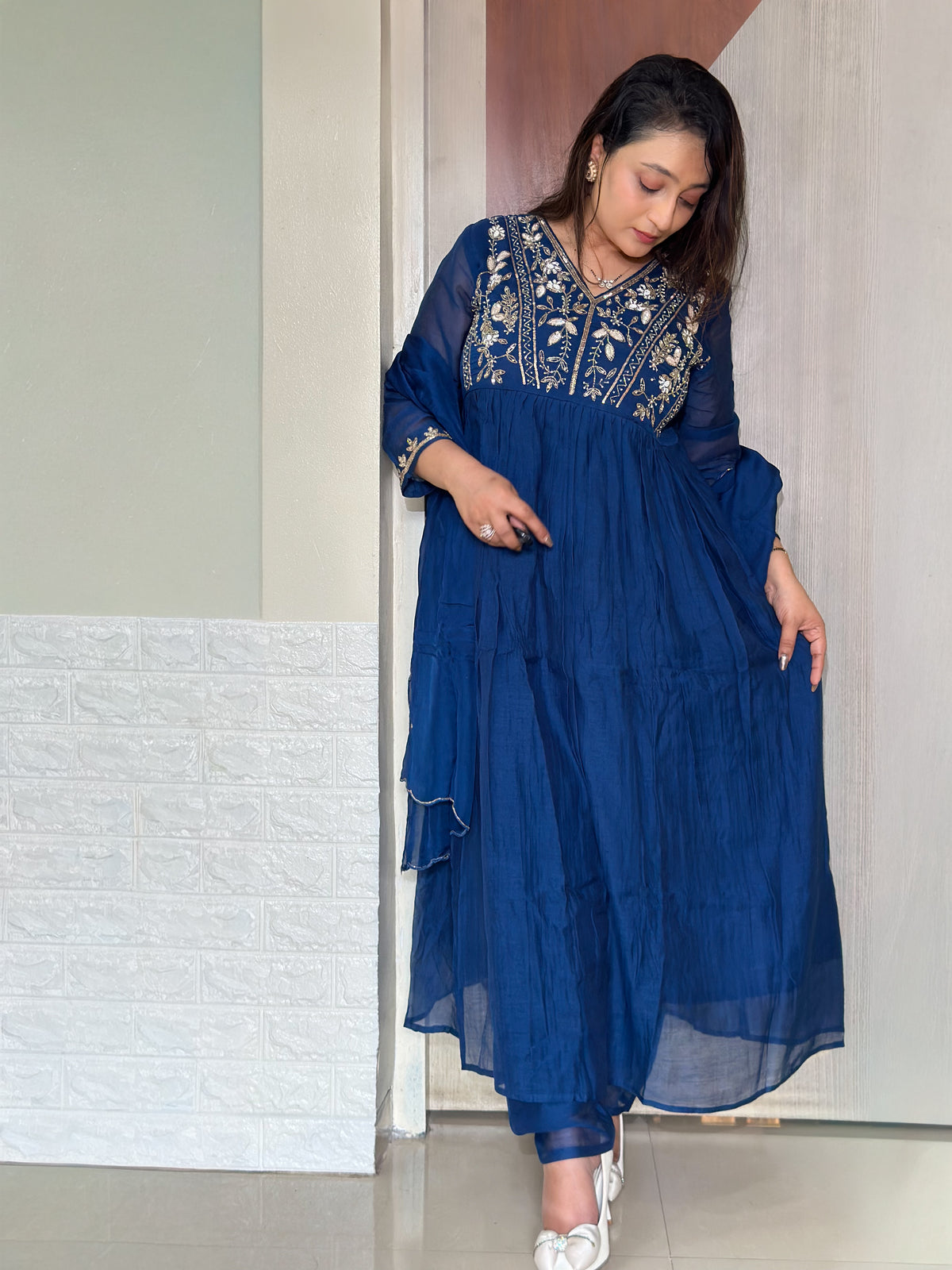 Embroidered Mul Chanderi Aline Kurta Set With Dupatta