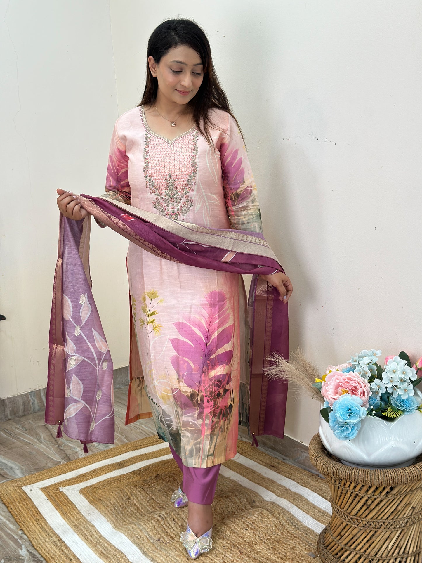 Elegant Printed Embroidered Kurta Set With Printed Dupatta & Pants