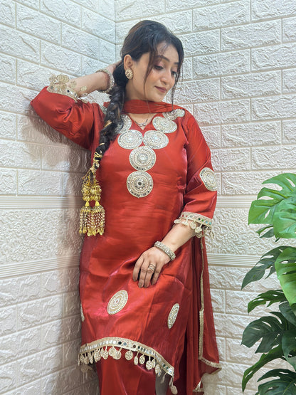 Real Mirror Work Rust Colour Kurta Set