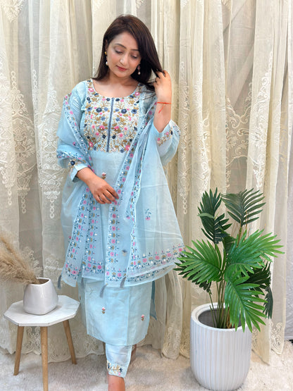 Ribbon Embroidered Kurta Set With Hand Painted Dupatta