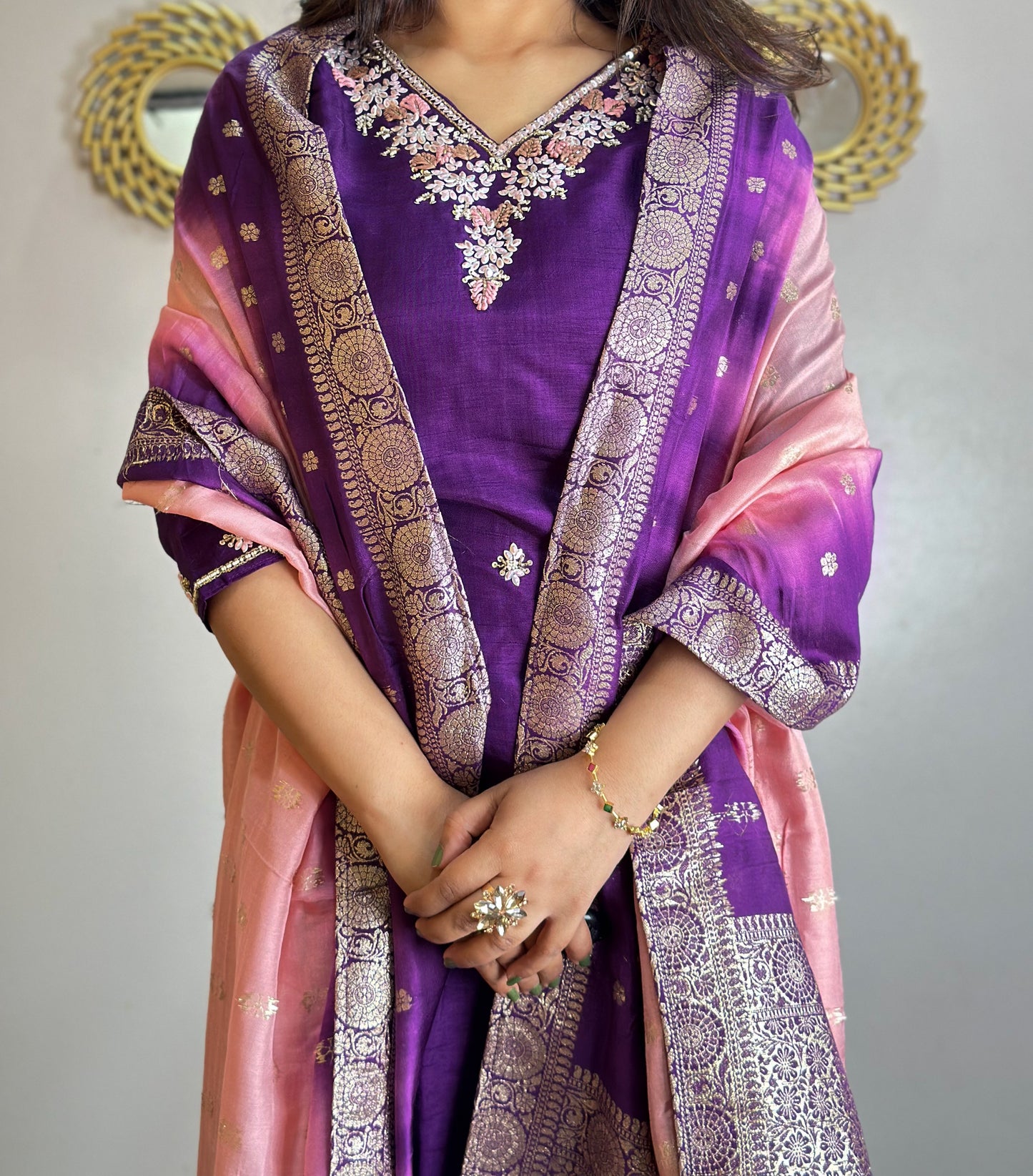 Embroidered Kurti Set With Two-Shade Banarasi Dupatta