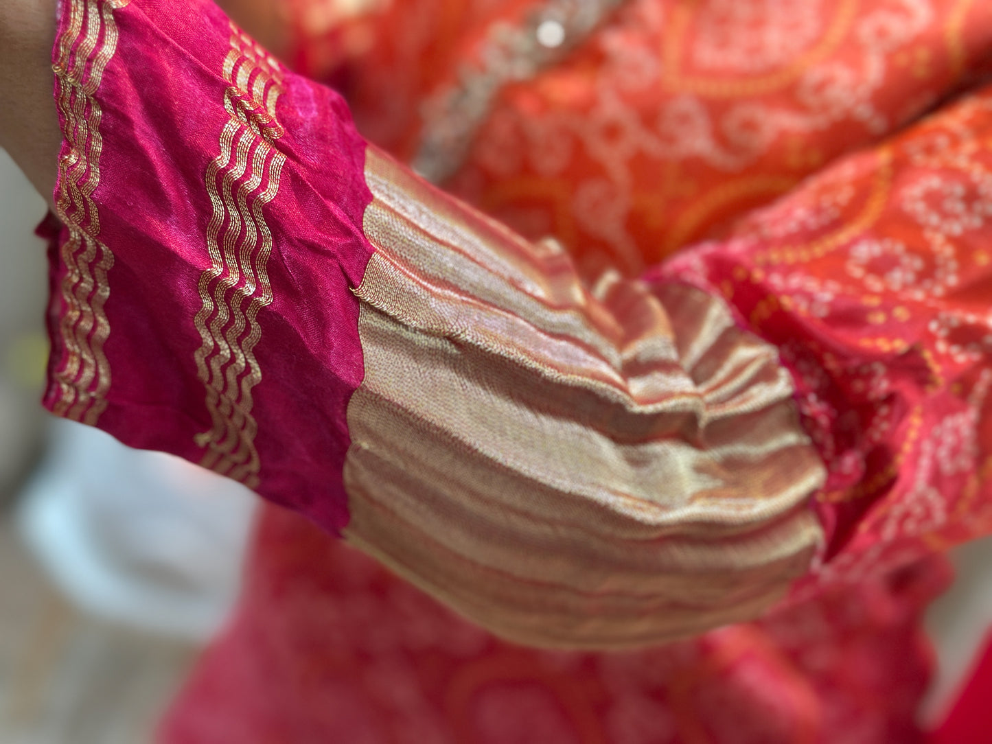 Beautiful Embroidered Gaji Silk Bandhani Dual-Color Ombré Kurta Set