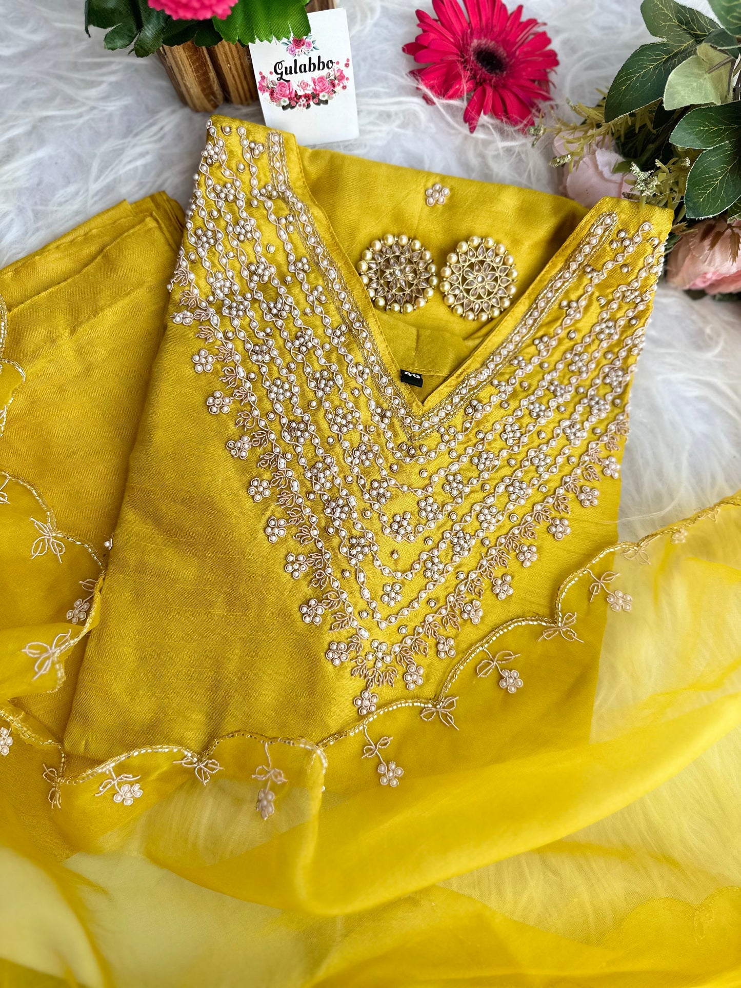 Embroidered Yellow Moti Silk Set