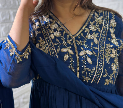 Embroidered Mul Chanderi Aline Kurta Set With Dupatta