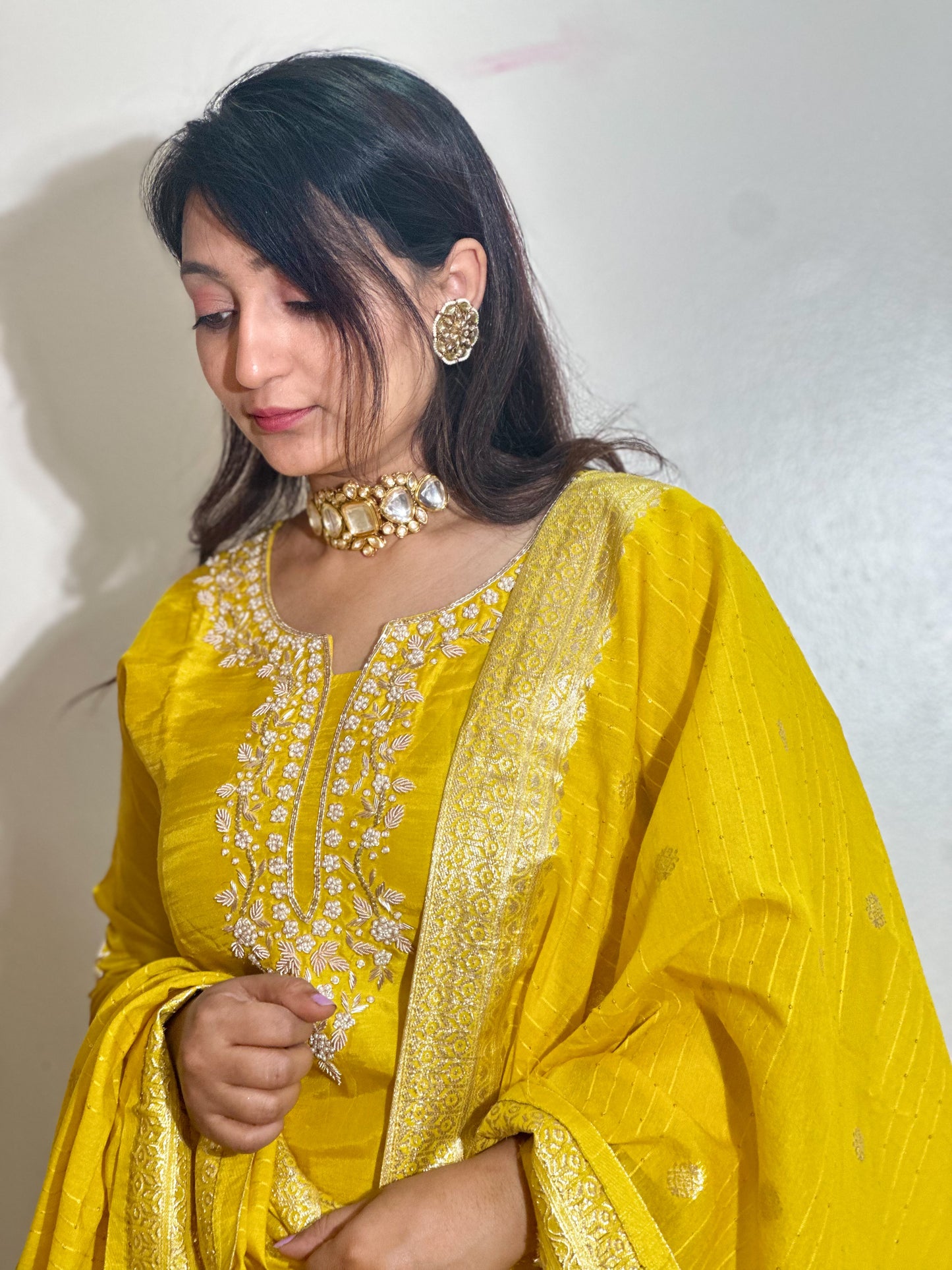 Yellow Dola Silk Kurta Set With Banarasi Dupatta