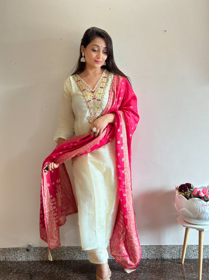 White Tissue Silk Embroidered Kurta Set With Banarasi Dupatta