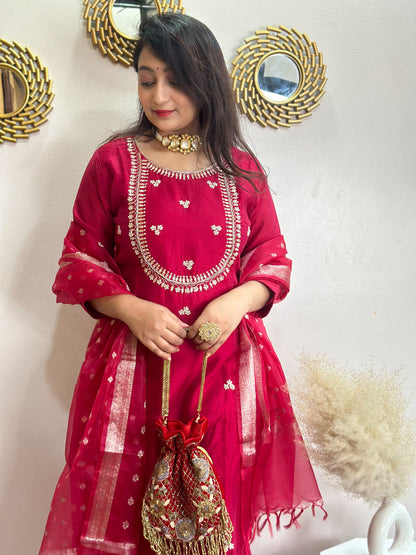 Festive Red Embroidered Silk Set