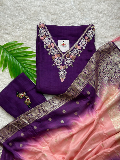 Embroidered Kurti Set With Two-Shade Banarasi Dupatta