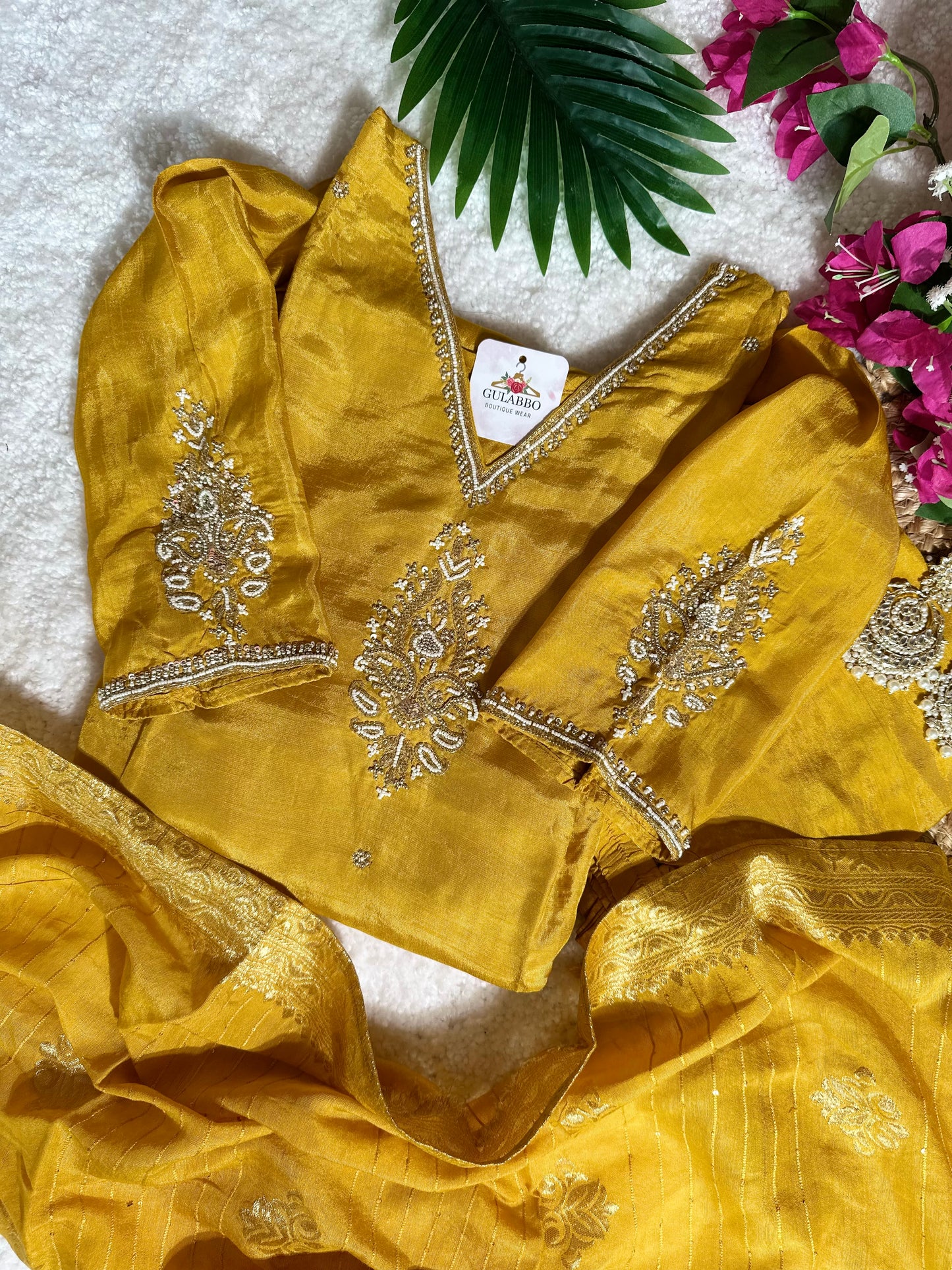 Yellow Heavy Embroidered Yoke & Sleeves Silk Kurta Set