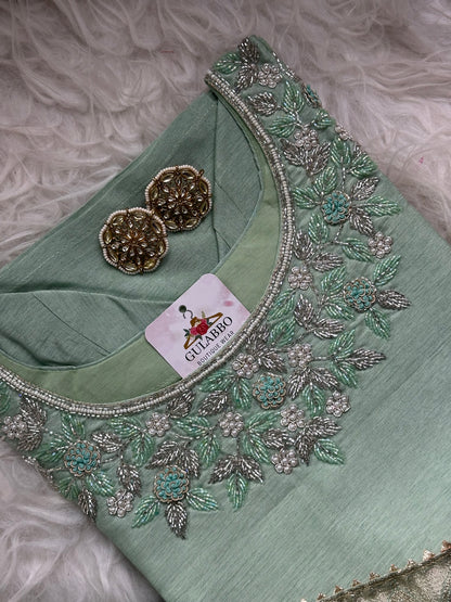 Pista Green Embroidered Silk Set With Banarasi Dupatta