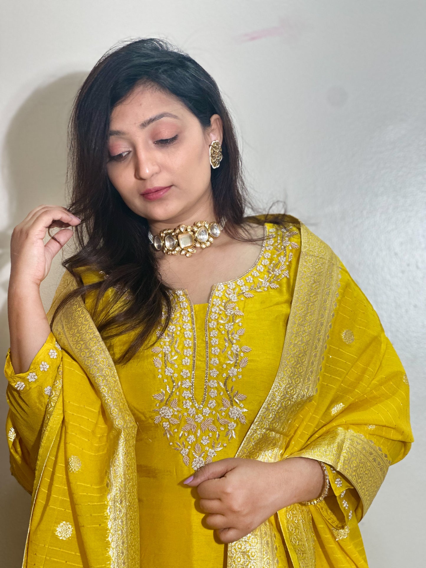 Yellow Dola Silk Kurta Set With Banarasi Dupatta