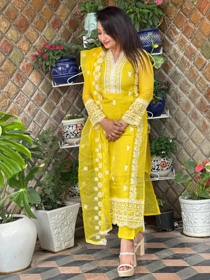 Yellow Organza Embroidered Suit Set