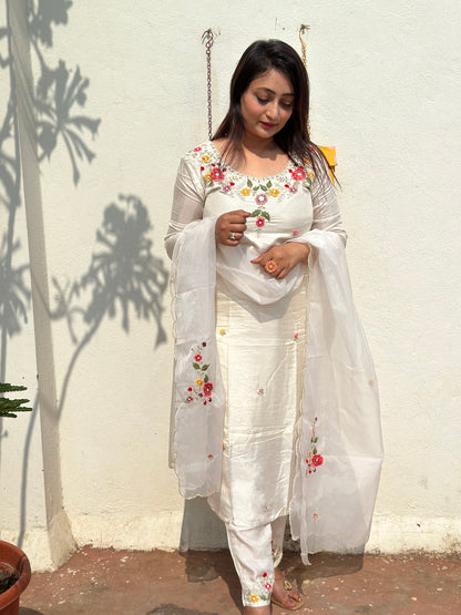 White Hand Embroidered Silk Set