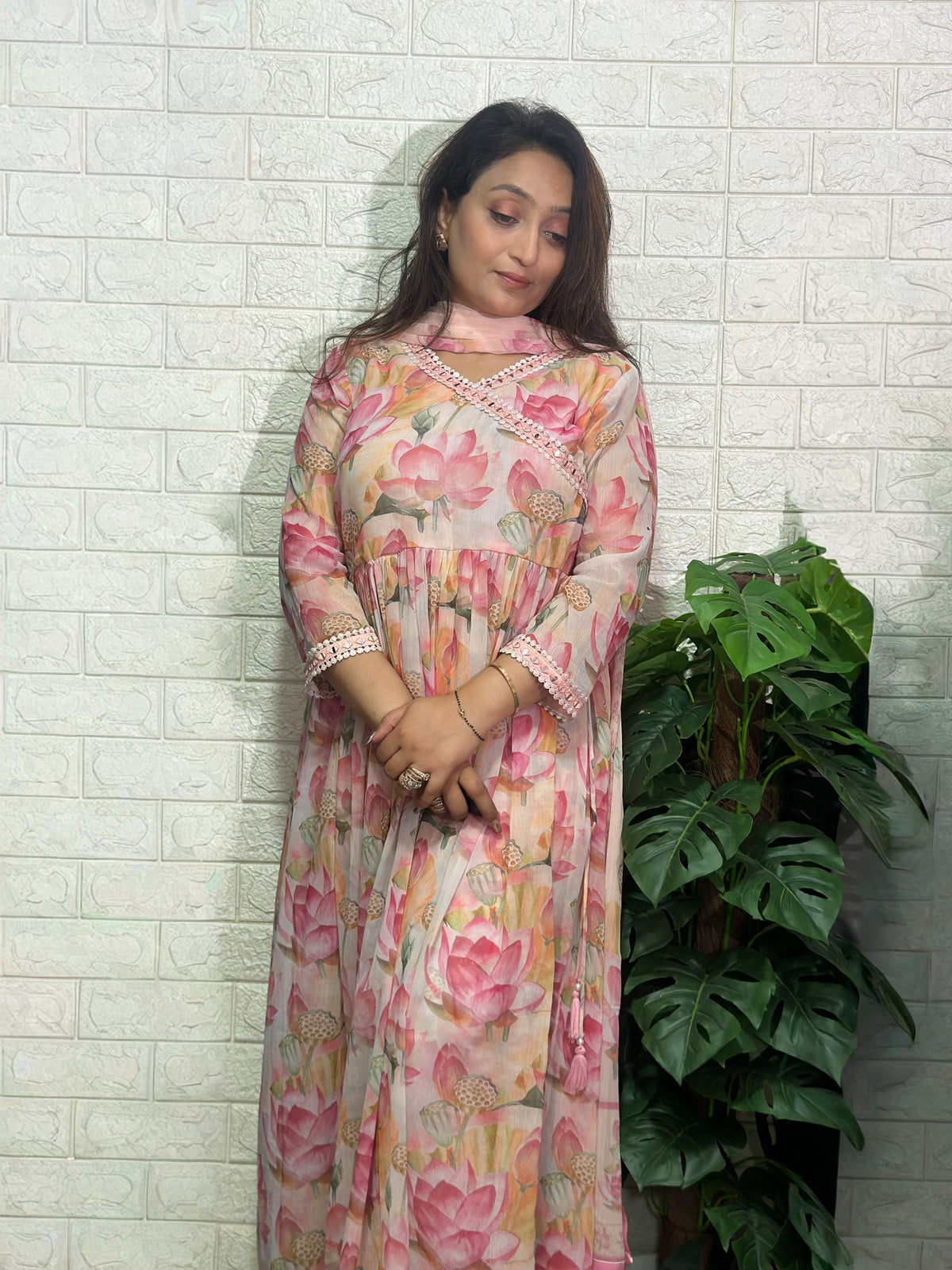 Flowy chiffon outfit with mirror work