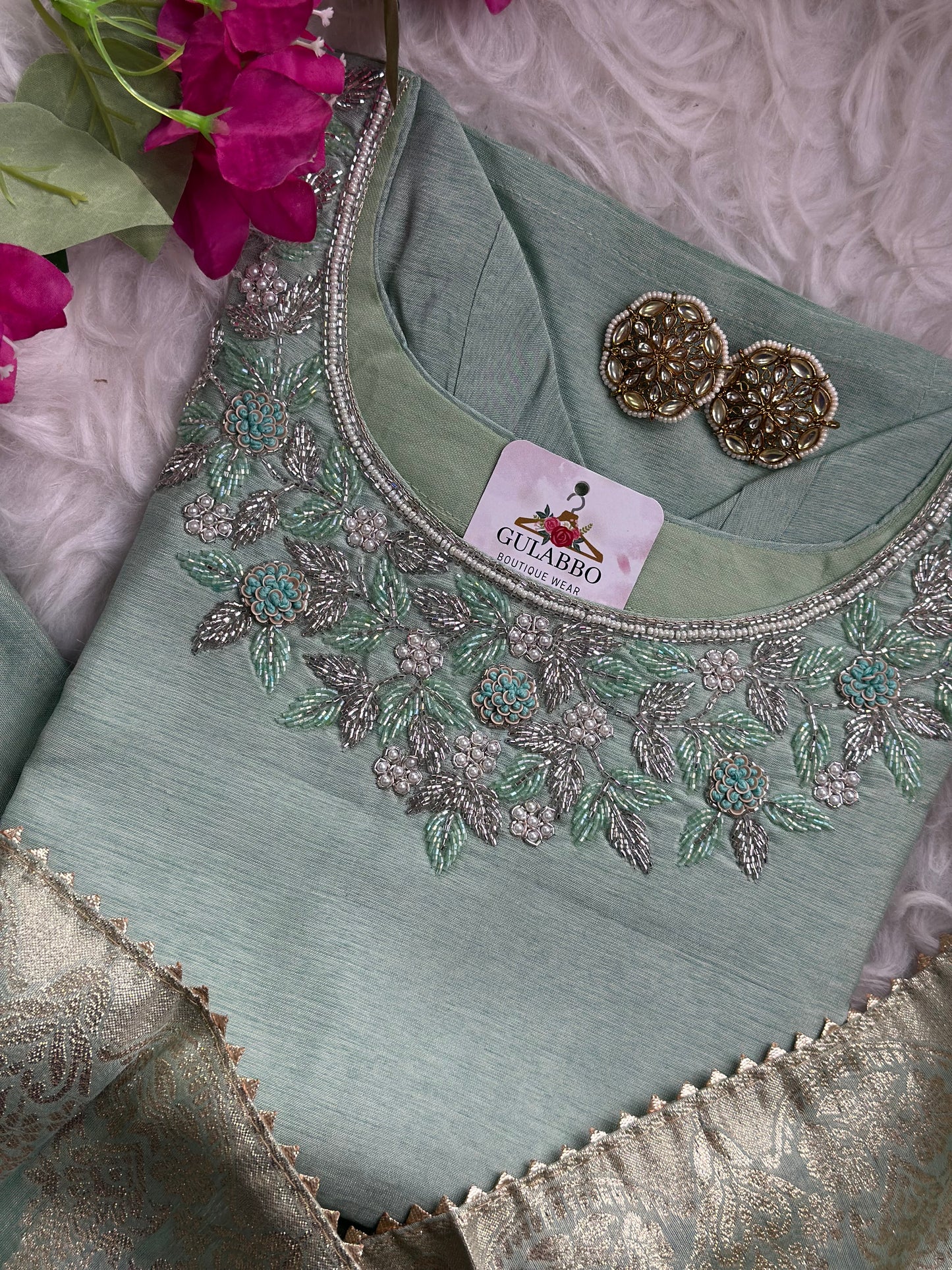 Pista Green Embroidered Silk Set With Banarasi Dupatta