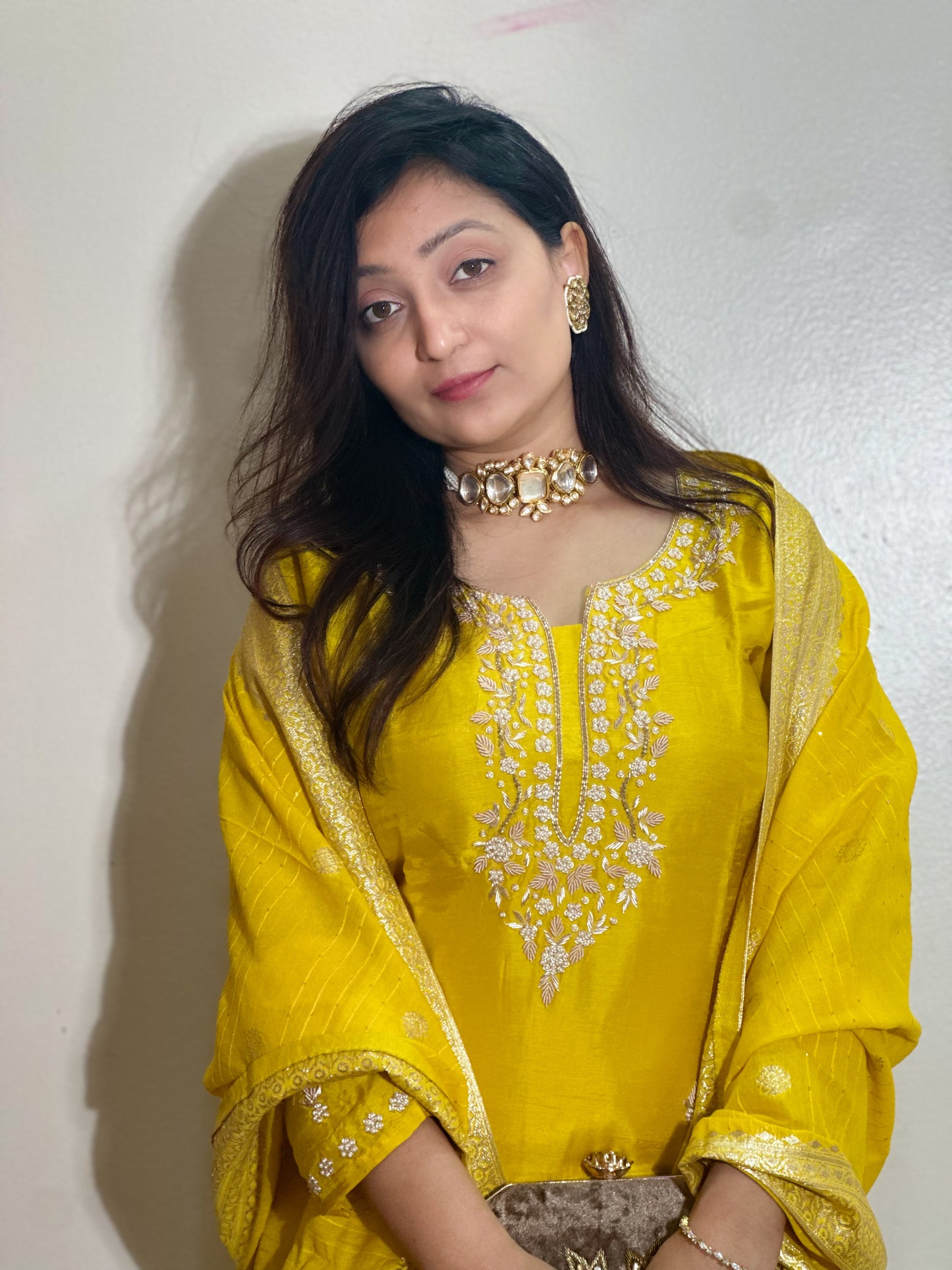 Yellow Dola Silk Kurta Set With Banarasi Dupatta