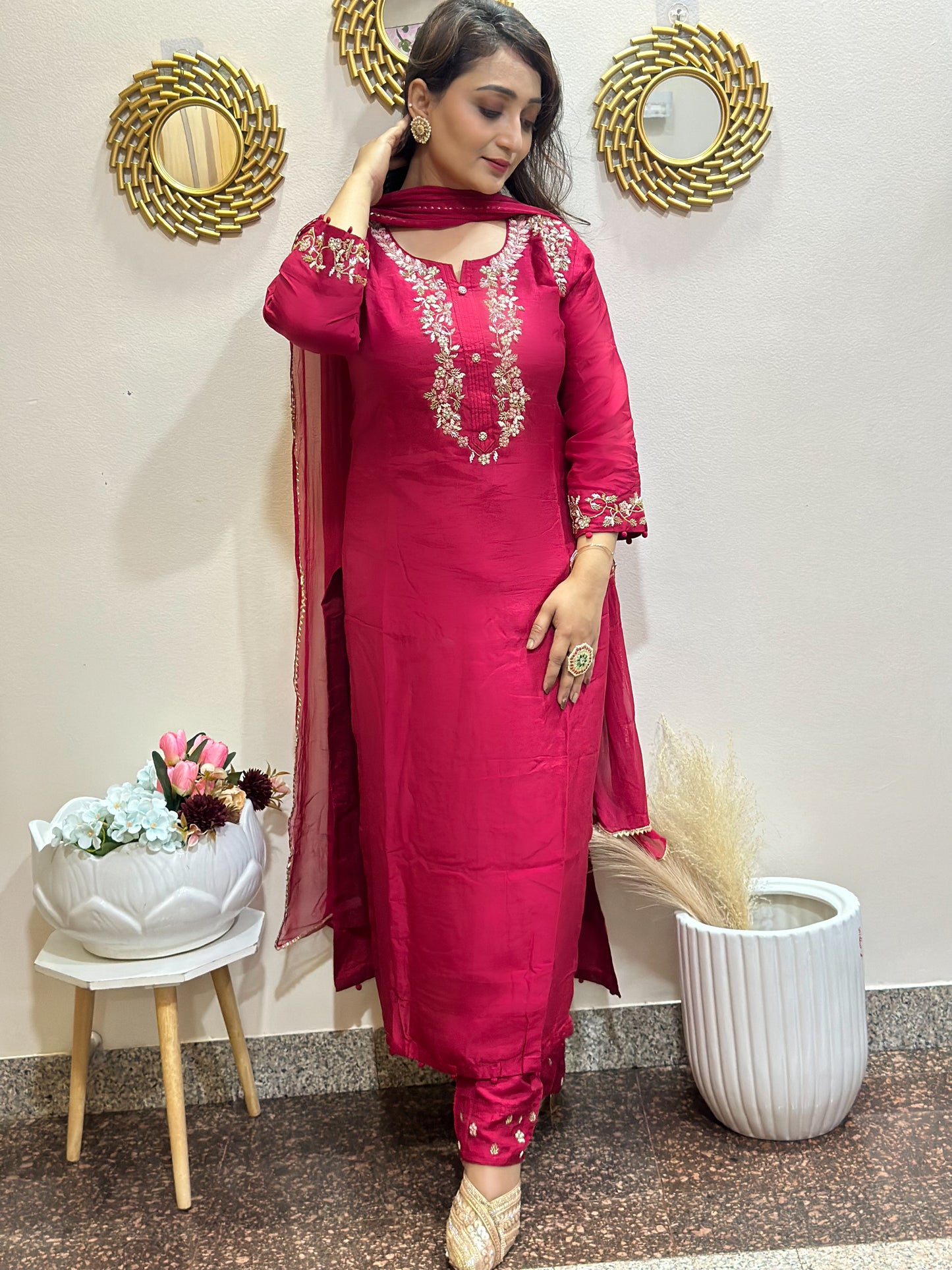 Handwork red embroidered kurti set