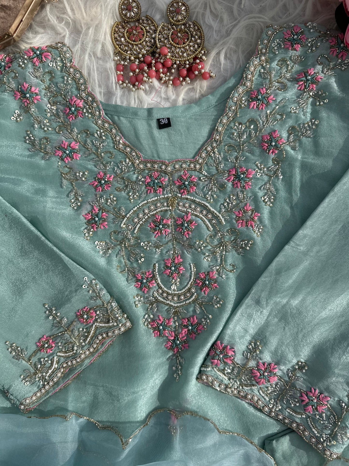 Sea Green Tissue Silk Embroidered Kurta Set