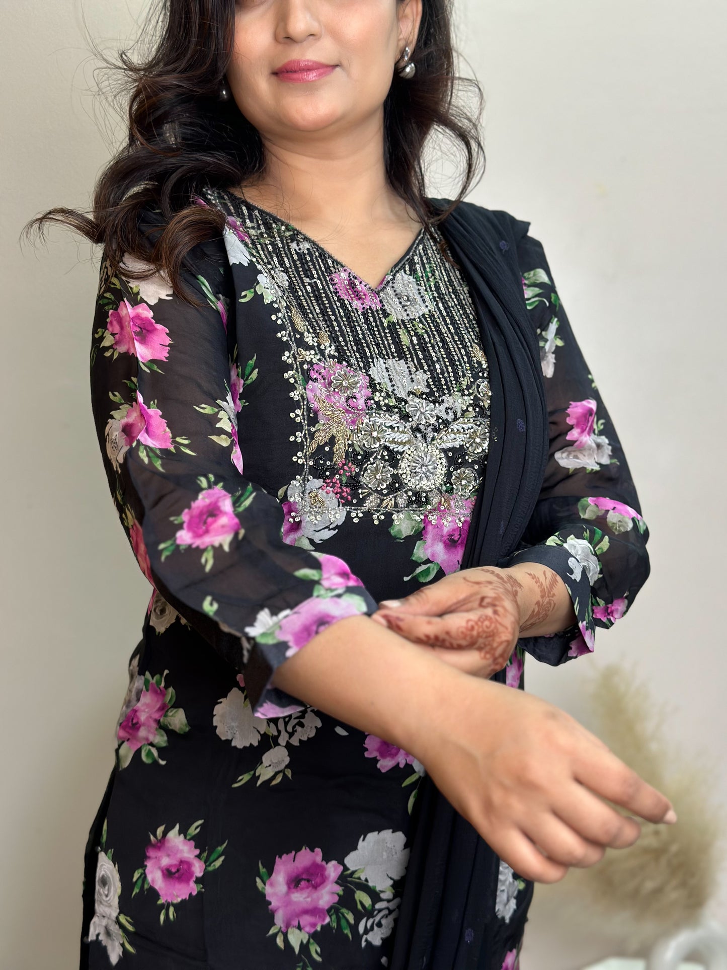 Embroidered Black Muslin Kurti With Pink Flowers