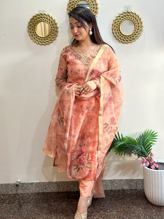 Embroidered Floral Organza Kurta Set