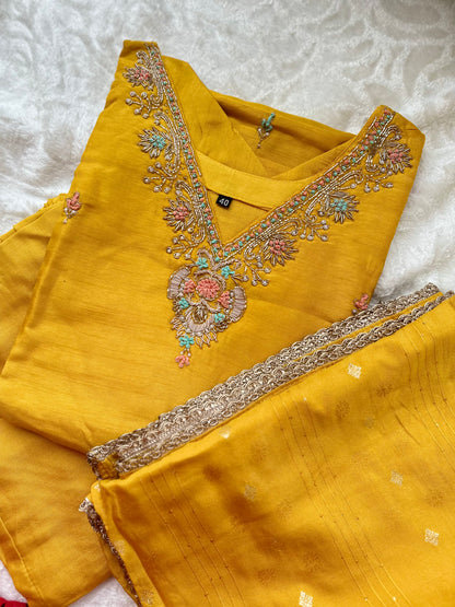 Silk Hand Embroidered Dress with banarasi dupatta