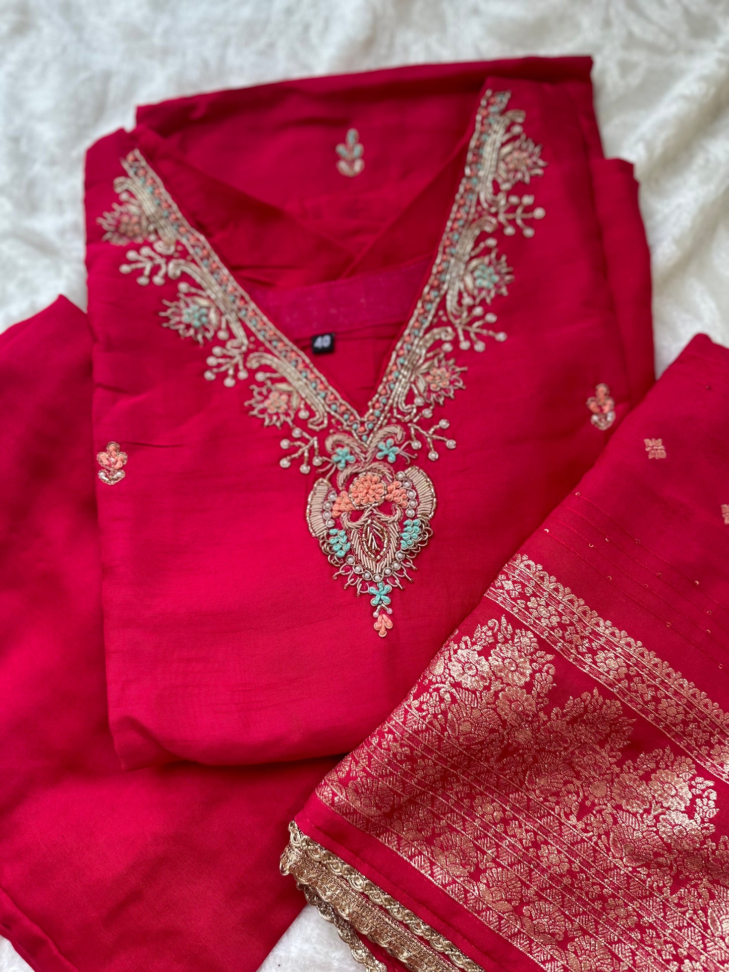 Silk Hand Embroidered Dress with banarasi dupatta