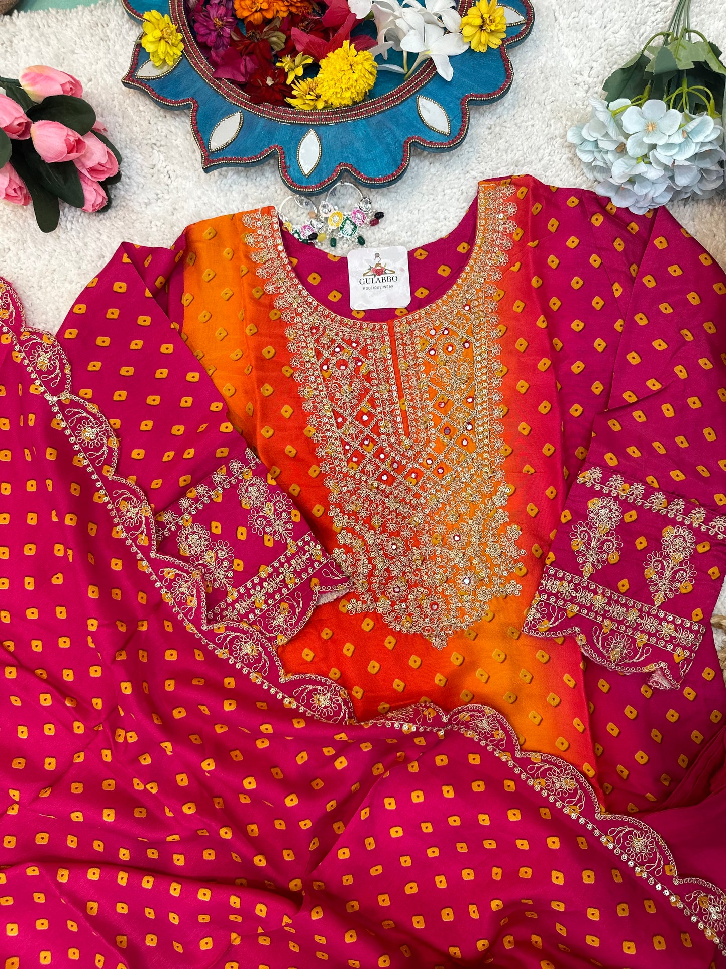 Dual Colour Embroidered Bandhani Kurta Set