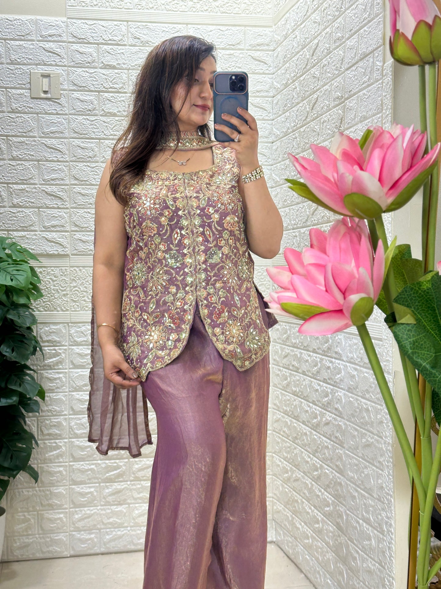 Indo Western- lavender silk embroidered short kurti with flared pants and a matching dupatta