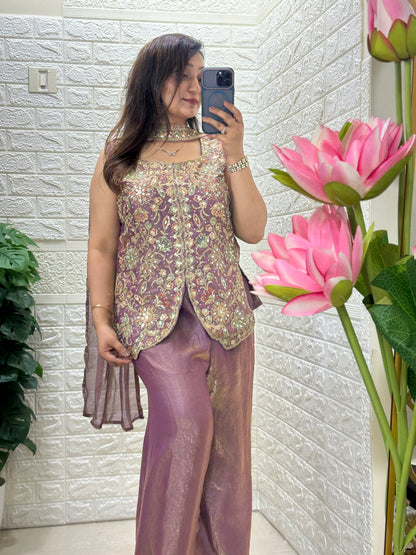 Indo Western- lavender silk embroidered short kurti with flared pants and a matching dupatta