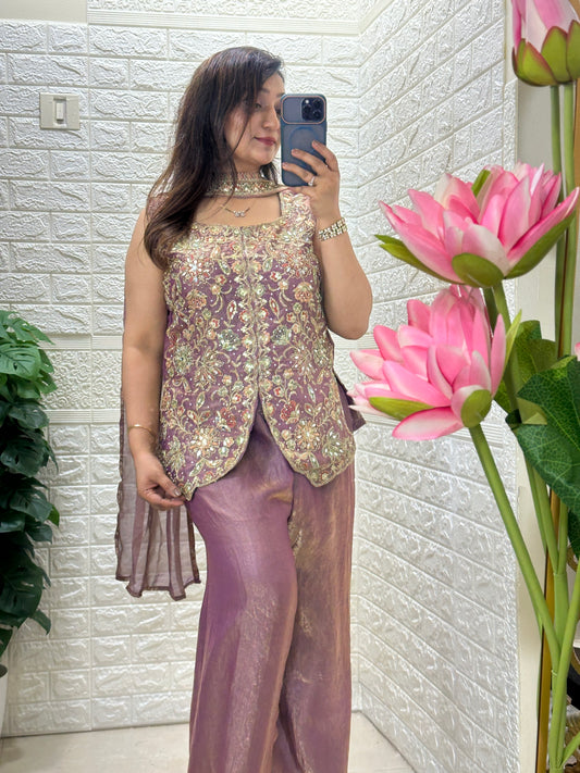 Indo Western- lavender silk embroidered short kurti with flared pants and a matching dupatta