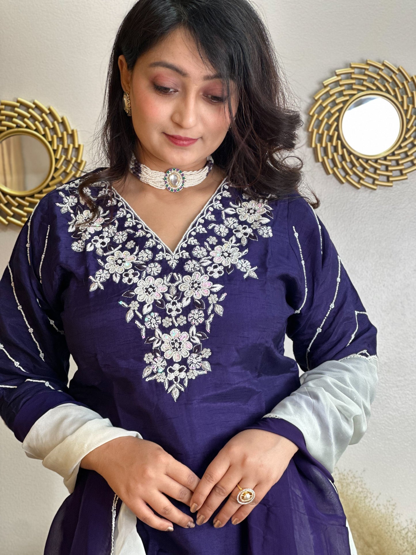 Moti Embroidered Purple Kurta Set